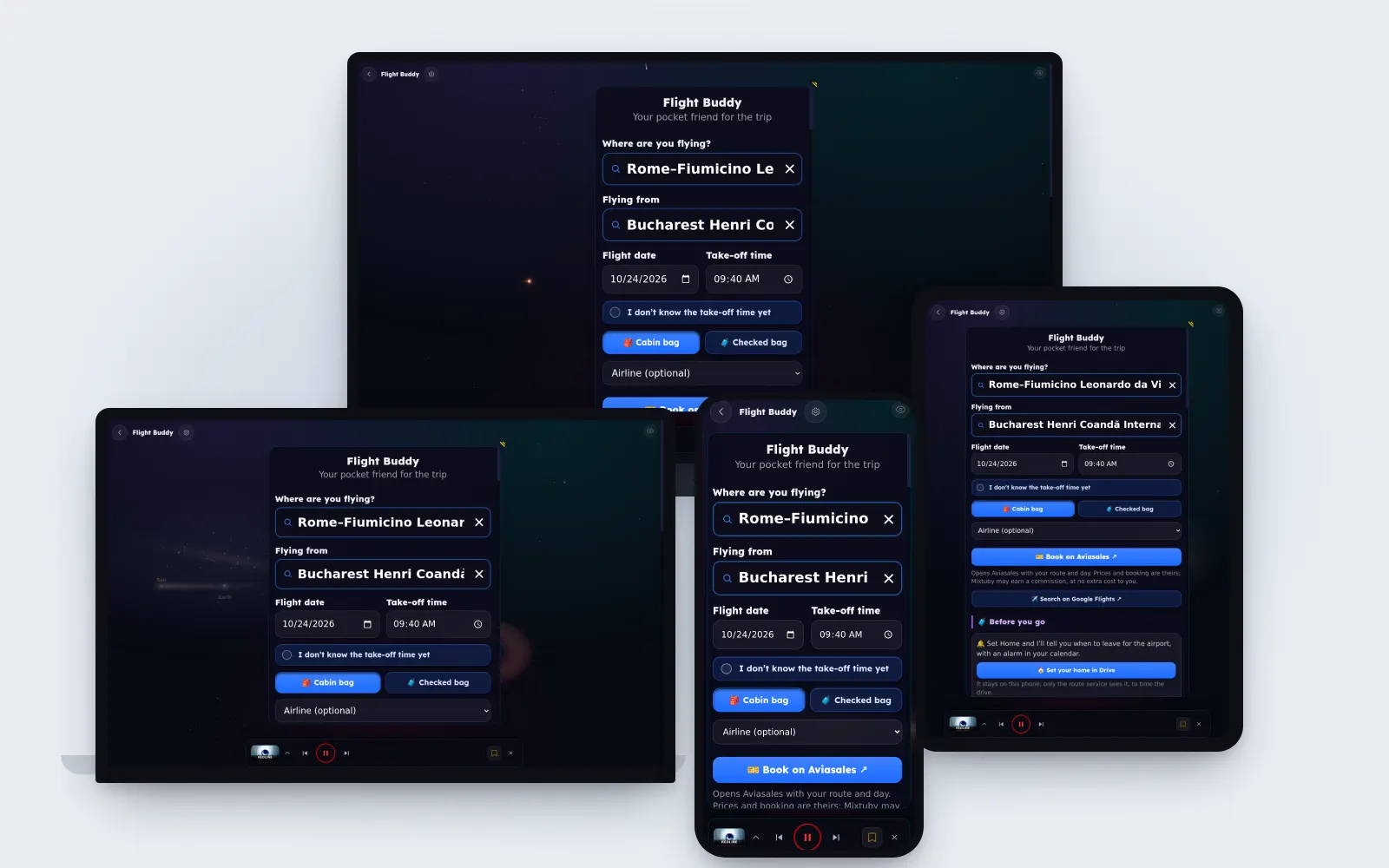 Flight Buddy in Mixtuby on a TV, laptop, tablet and phone — a trip from Bucharest to Rome Fiumicino with the date, take-off time and a cabin bag picked, with the music playing in the mini player