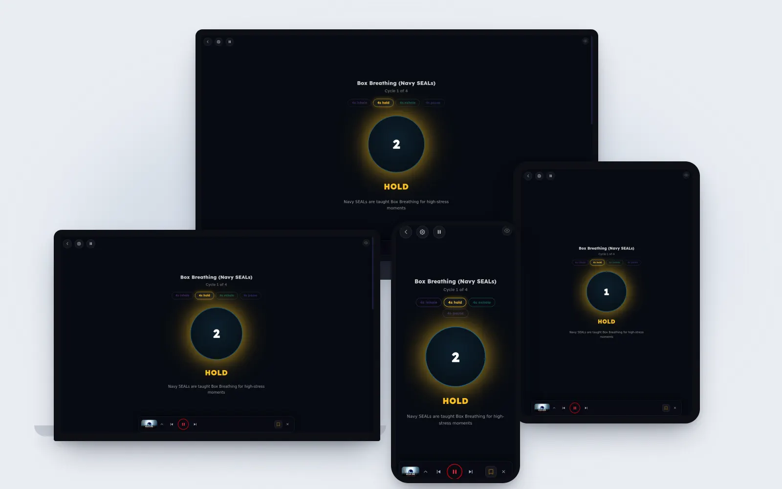 Breathe in Mixtuby on a TV, laptop, tablet and phone — Box Breathing in the hold phase, a glowing circle counting down the seconds, with the music playing in the mini player