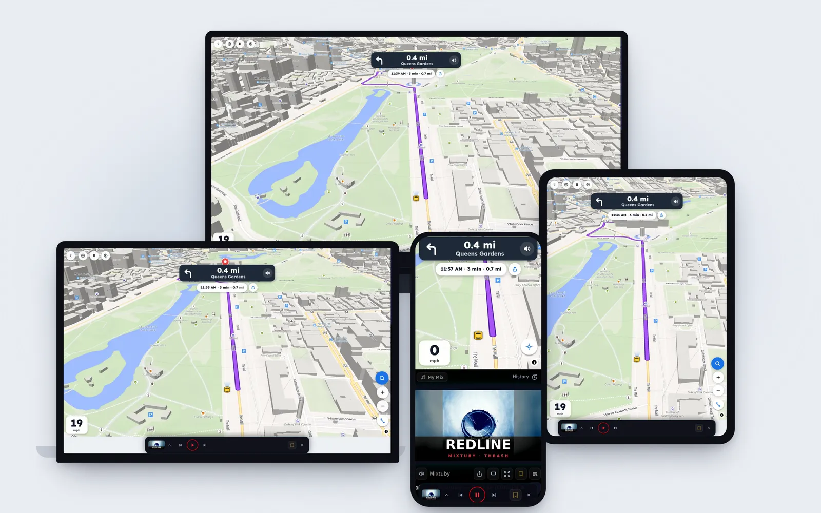 Drive in Mixtuby on a TV, laptop, tablet and phone — a live London map with a route to Buckingham Palace and the speed; on the phone, stopped, the map shares the screen with the music video