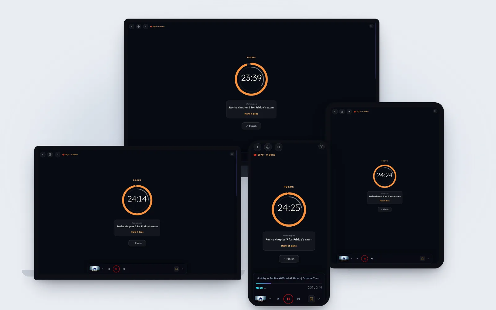 Pomodoro in Mixtuby on a TV, laptop, tablet and phone — a 25-minute focus ring counting down, the task you are working on and a Finish button, with the music playing in the mini player