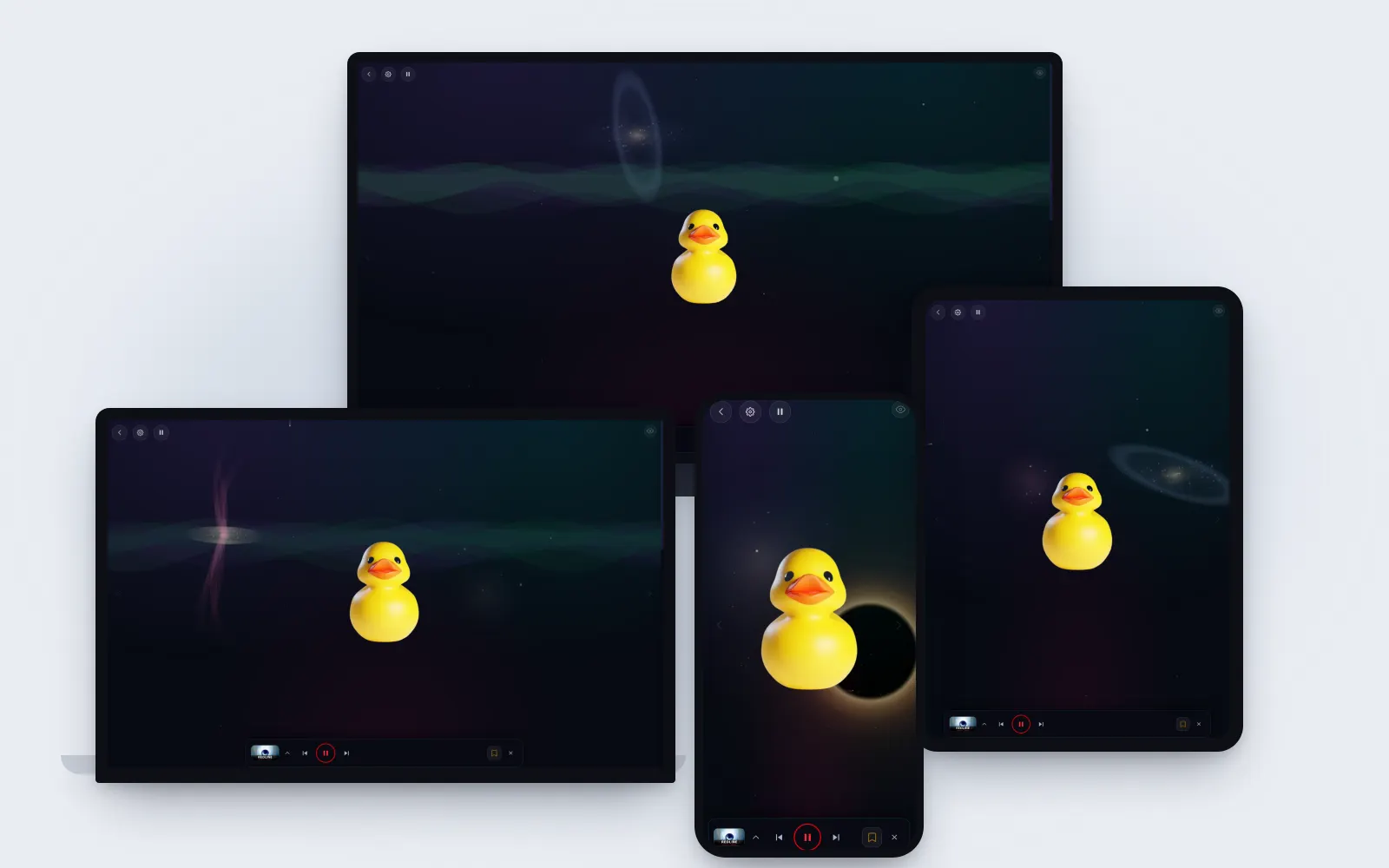 The Rubber Duck in Mixtuby on a TV, laptop, tablet and phone — a yellow rubber duck dancing in the middle of the screen, with the music playing in the mini player